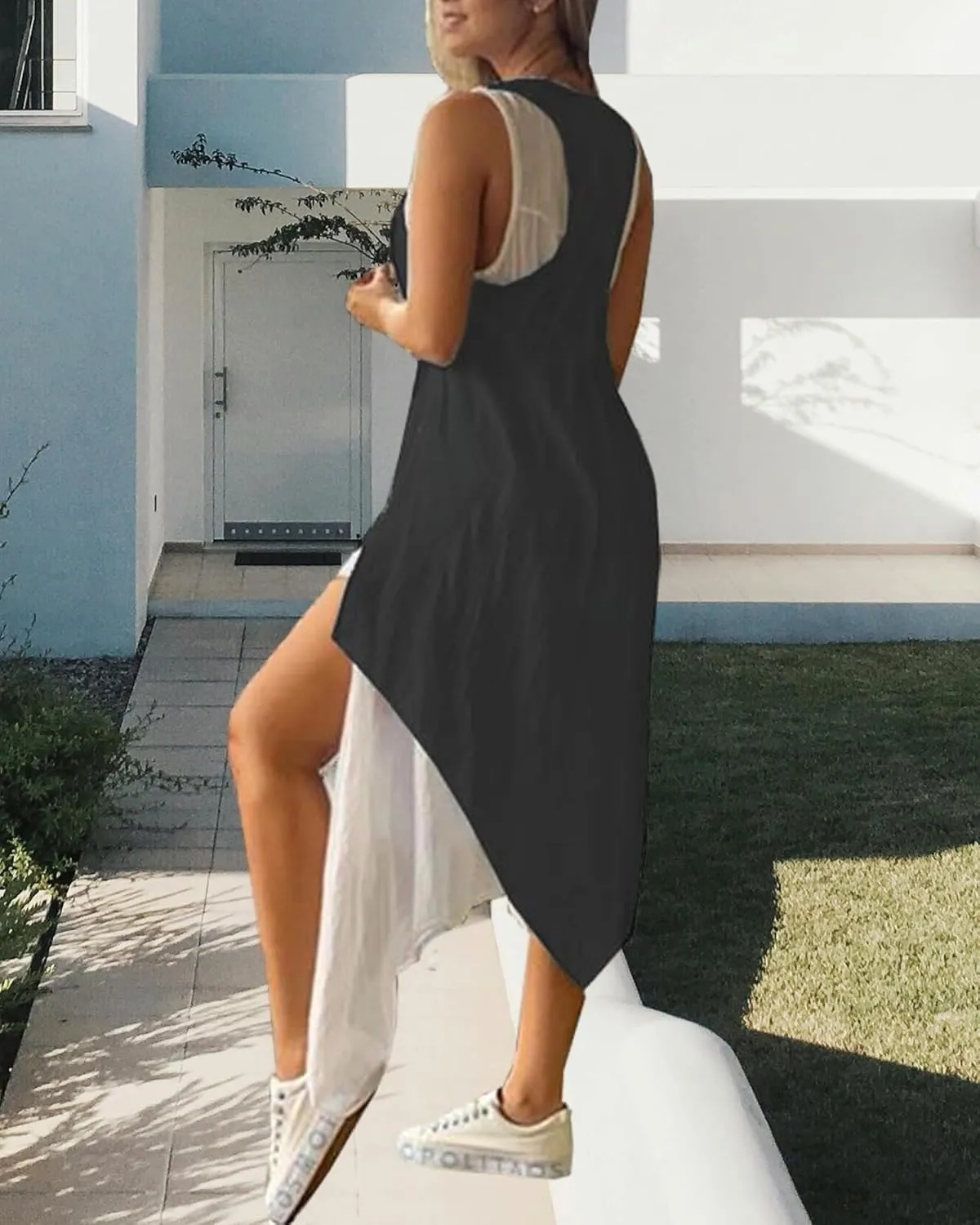 ZOCANIA Women's Irregular Hem Tank Dress Casual Sleeveless Summer Tiered Midi Sundress Plus Size Square Neck Beach Dress