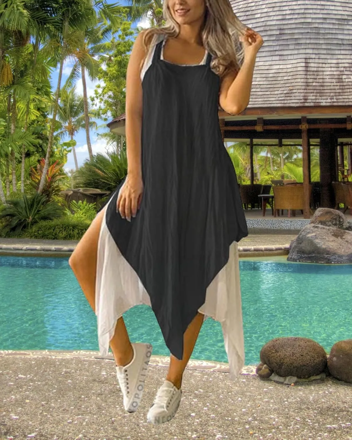 ZOCANIA Women's Irregular Hem Tank Dress Casual Sleeveless Summer Tiered Midi Sundress Plus Size Square Neck Beach Dress