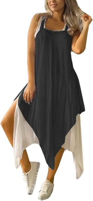 ZOCANIA Women's Irregular Hem Tank Dress Casual Sleeveless Summer Tiered Midi Sundress Plus Size Square Neck Beach Dress