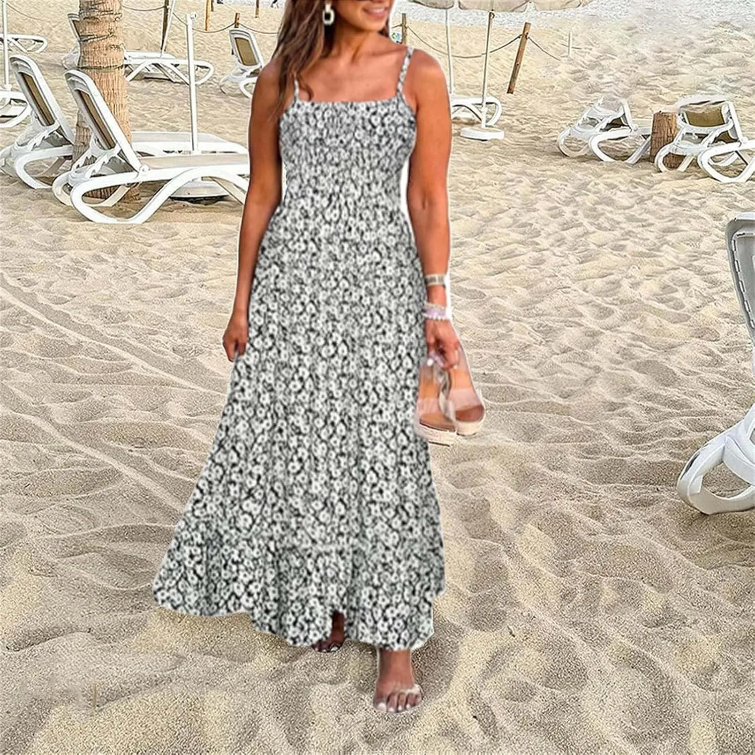 ZYXTIM Womens Floral Boho Maxi Dresses 2024 Summer Beach Dress Plus Size Spaghetti Strap Casual Sleeveless Ruffle Flowy Dress