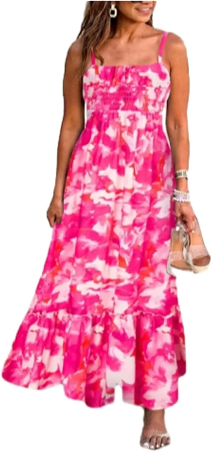 ZYXTIM Womens Floral Boho Maxi Dresses 2024 Summer Beach Dress Plus Size Spaghetti Strap Casual Sleeveless Ruffle Flowy Dress