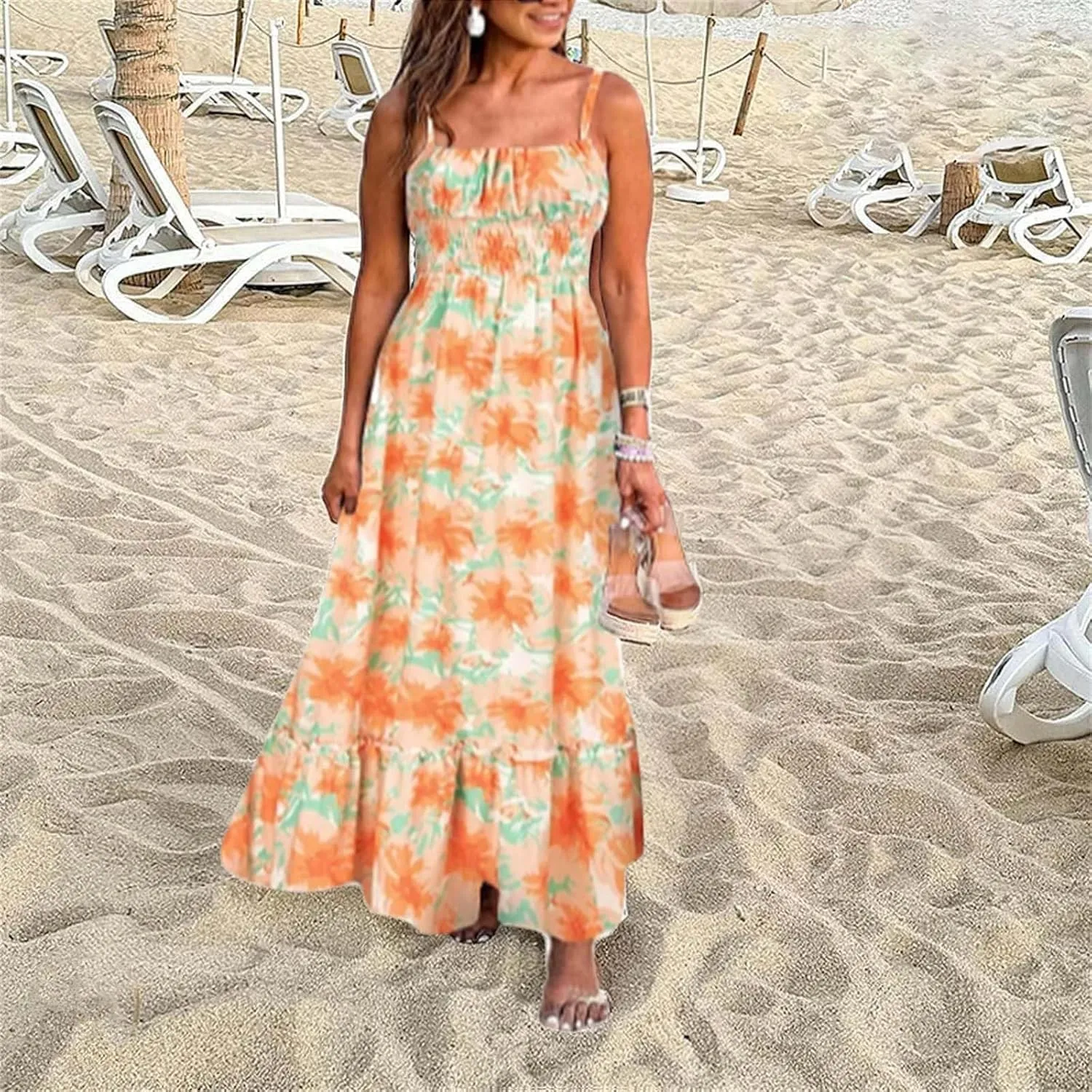 ZYXTIM Womens Floral Boho Maxi Dresses 2024 Summer Beach Dress Plus Size Spaghetti Strap Casual Sleeveless Ruffle Flowy Dress