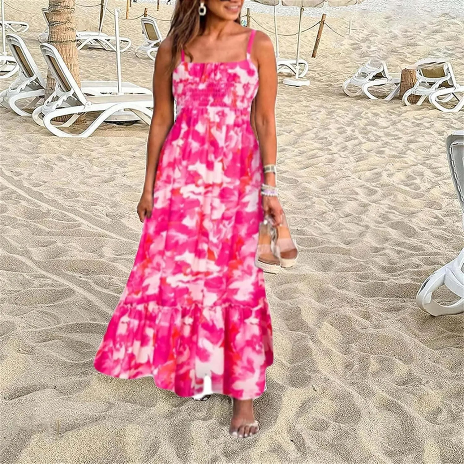 ZYXTIM Womens Floral Boho Maxi Dresses 2024 Summer Beach Dress Plus Size Spaghetti Strap Casual Sleeveless Ruffle Flowy Dress