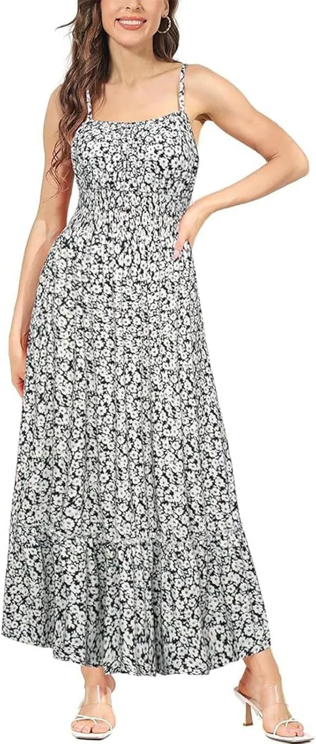 ZYXTIM Womens Floral Boho Maxi Dresses 2024 Summer Beach Dress Plus Size Spaghetti Strap Casual Sleeveless Ruffle Flowy Dress