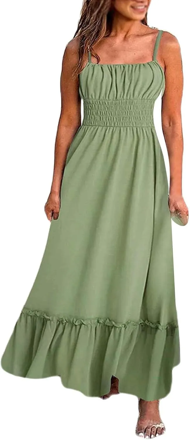 ZYXTIM Womens Floral Boho Maxi Dresses 2024 Summer Beach Dress Plus Size Spaghetti Strap Casual Sleeveless Ruffle Flowy Dress