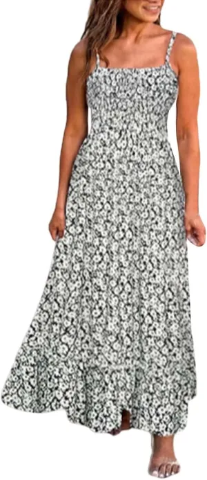 ZYXTIM Womens Floral Boho Maxi Dresses 2024 Summer Beach Dress Plus Size Spaghetti Strap Casual Sleeveless Ruffle Flowy Dress