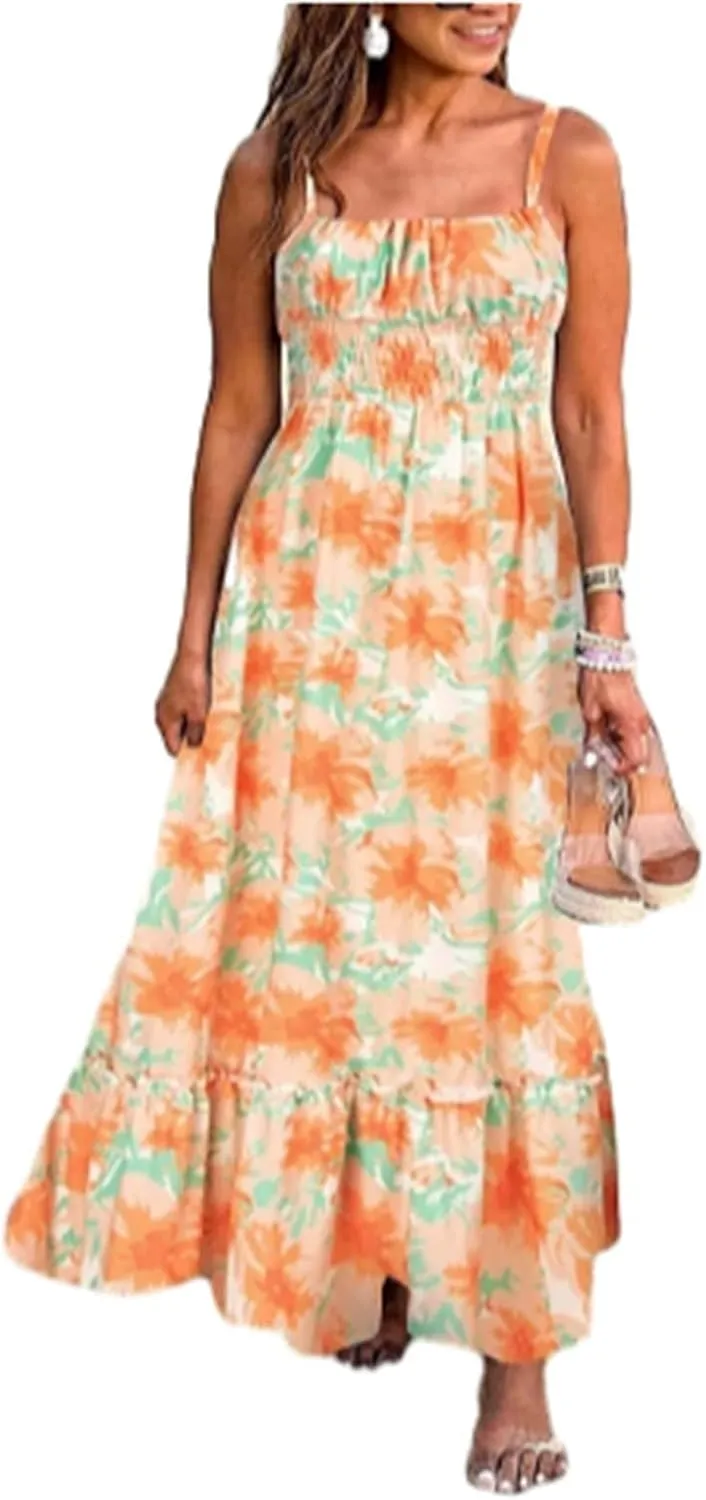 ZYXTIM Womens Floral Boho Maxi Dresses 2024 Summer Beach Dress Plus Size Spaghetti Strap Casual Sleeveless Ruffle Flowy Dress